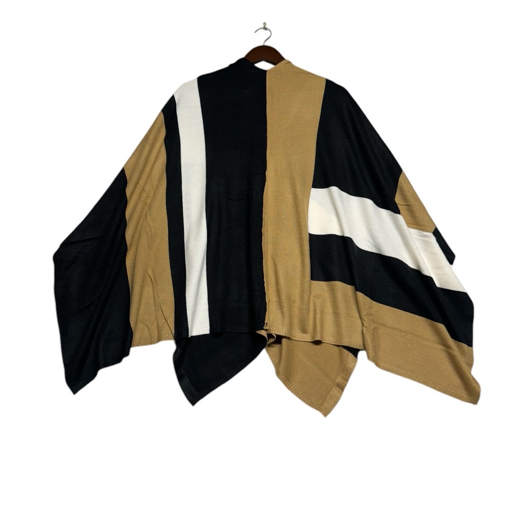 Parrish LA Stevie Poncho Wrap Black Camel Tan White Stripe OS Colorblock Winter - Picture 3 of 10